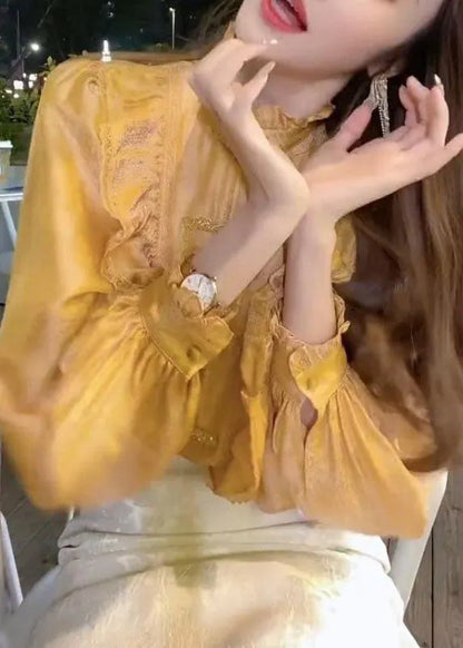 Organic Yellow Stand Collar Button Ruffled Tops Lantern Sleeve