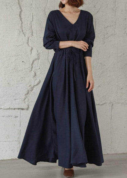 Navy Cinched V Neck Cinched Cotton Maxi Dresses Fall