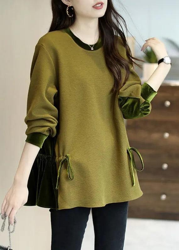 Loose Green O-neck Patchwork Drawstring Sweatshirts Top Long Sleeve