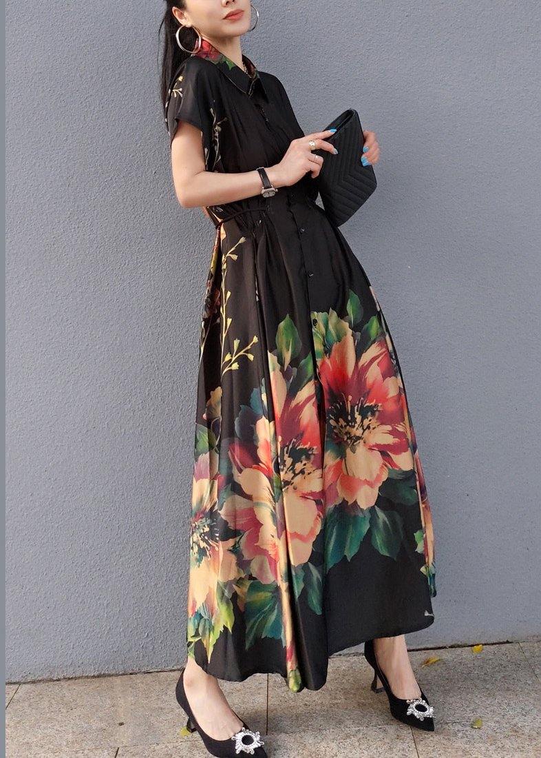 Lapel Drawstring Spring Tunic Sleeve Black Print Robe Dresses
