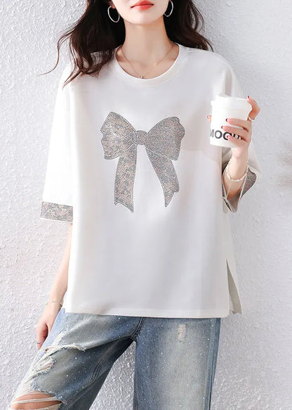 Modern White Oversized Bow Rhinestone Cotton Tanks Summer