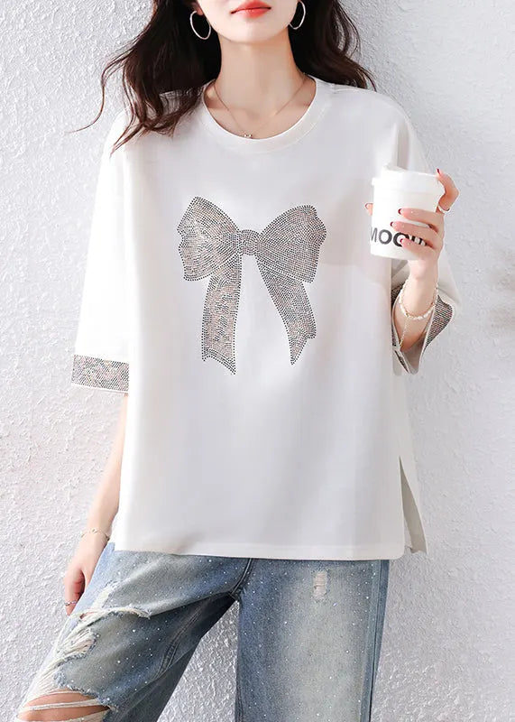 Modern White Oversized Bow Rhinestone Cotton Tanks Summer
