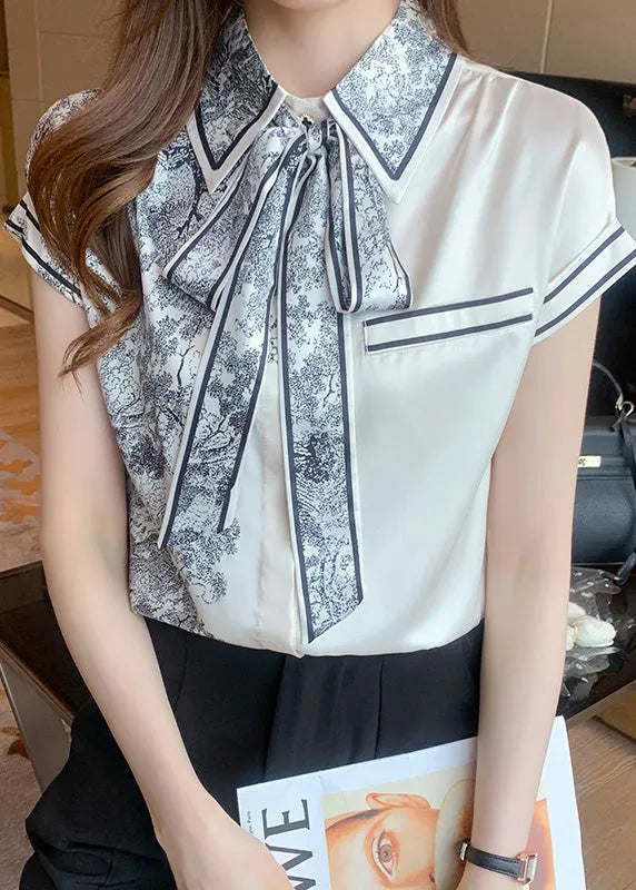 Peter Pan Collar Print Bow Silk Shirts Summer