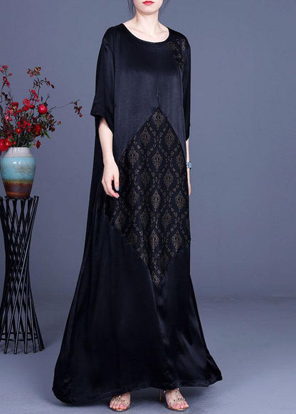 Fine Black Patchwork Print O-neck Silk Summer Dresses