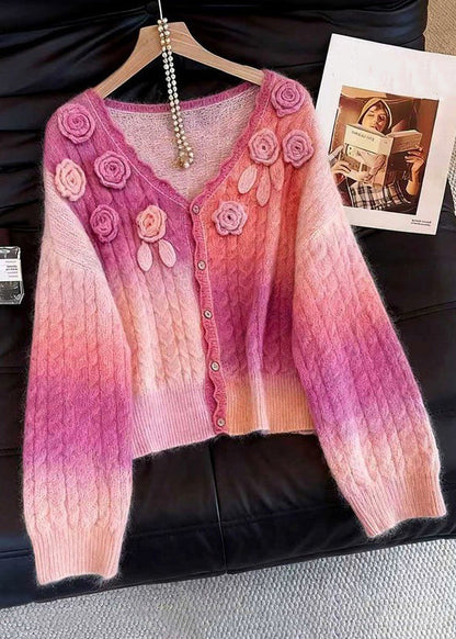 Pink Gradient Color Button Knit Cardigan V Neck Fall