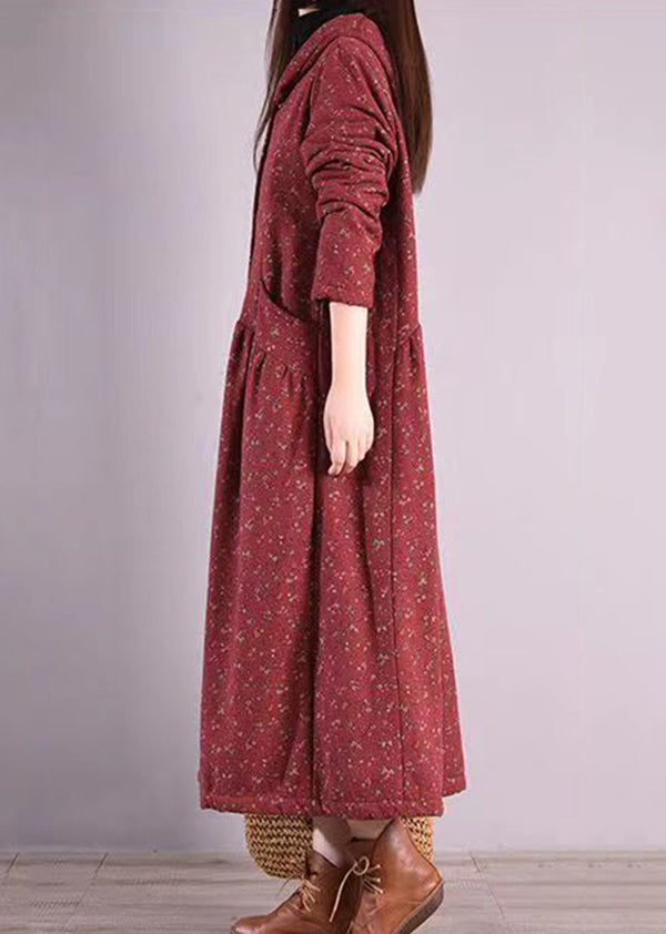 Brick Red Hooded Patchwork Warm Fleece Coats Winter