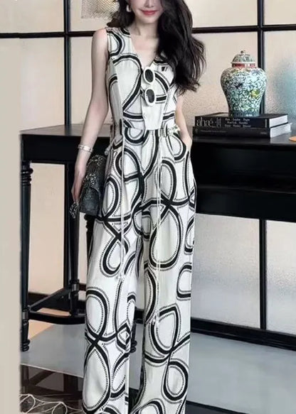 French White V Neck Print Button Cotton Jumpsuits Sleeveless