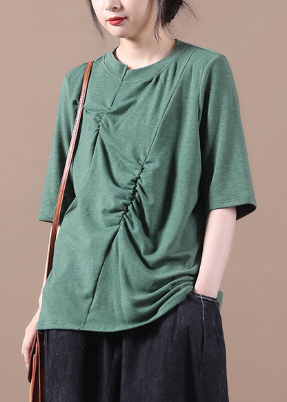 Green Wrinkled Knit Blouses Half Sleeve