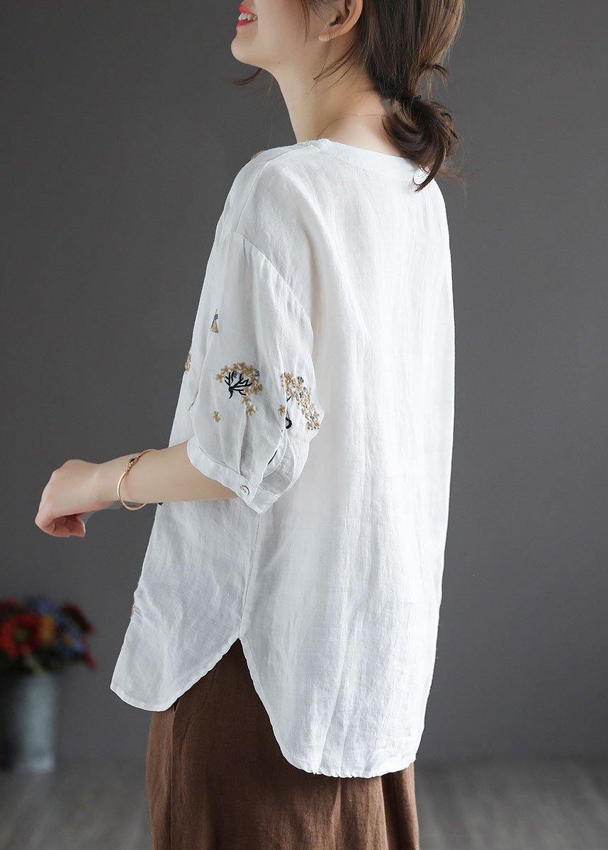 White O-neck Embroideried Summer Linen Tops Half Sleeve