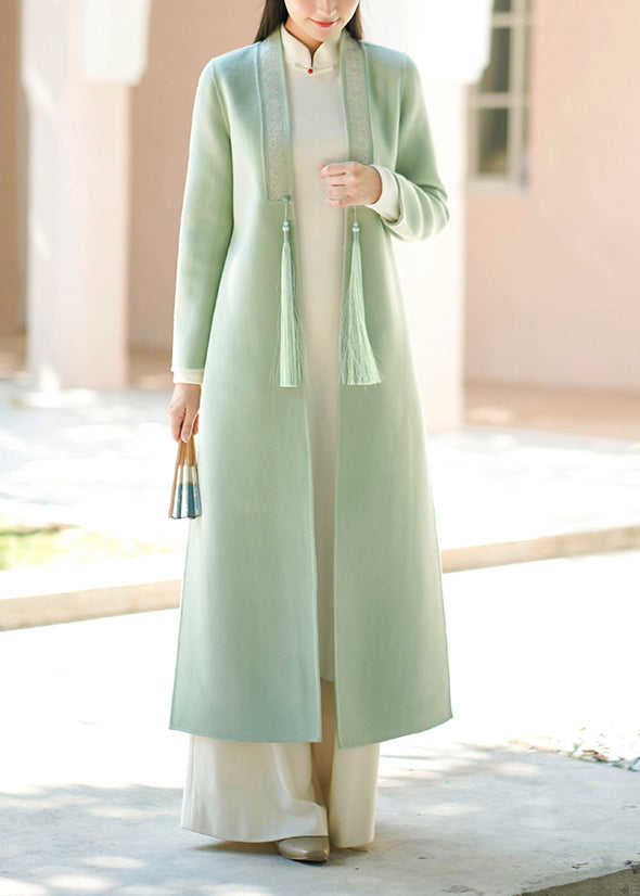 Light Green Tasseled Pockets Side Open Woolen Coat Fall