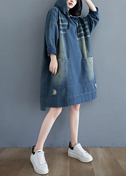 Blue Drawstring Hooded Pocket Denim Dress Long Sleeve