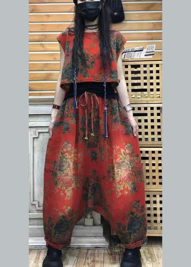 Organic Red O-neck Print Low High Design Fall Sleeveless Two Pieces Set