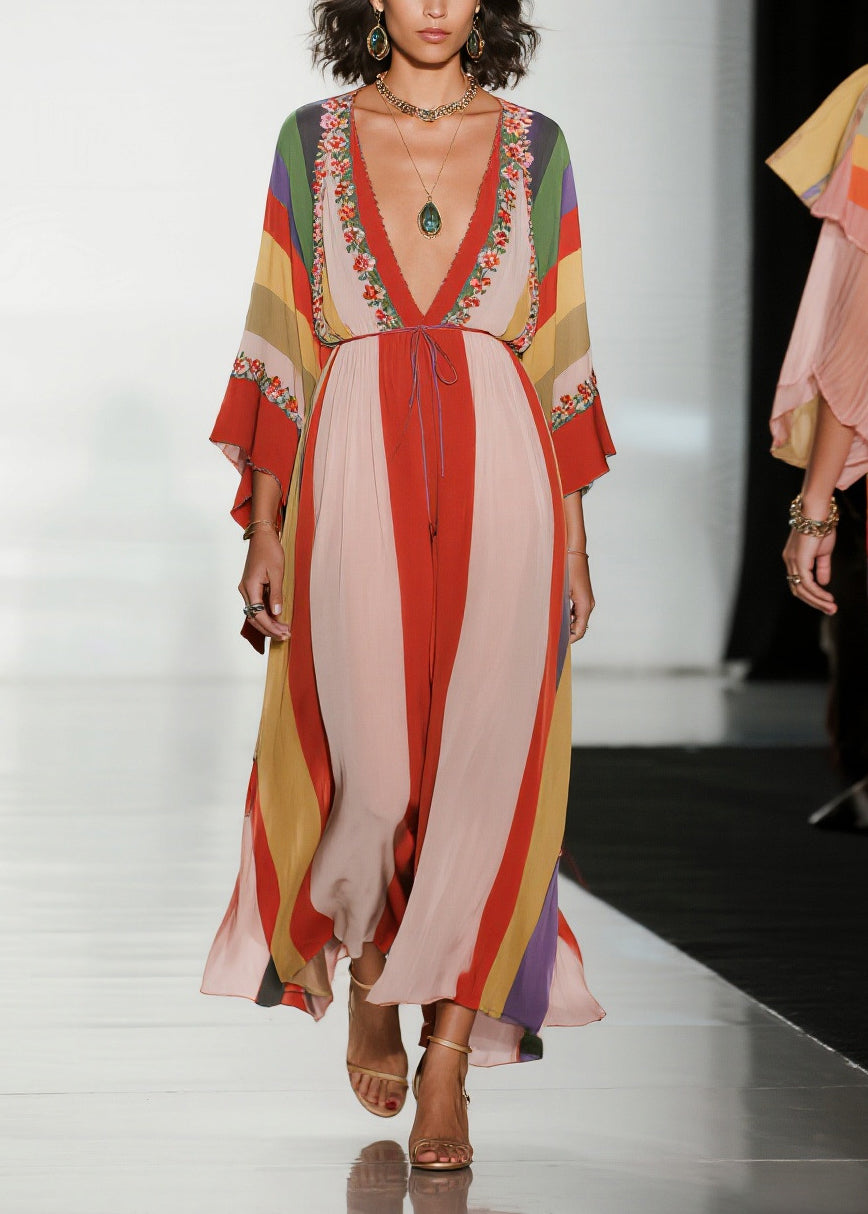 Colorblock Deep-v Neck Striped Chiffon Dress Summer