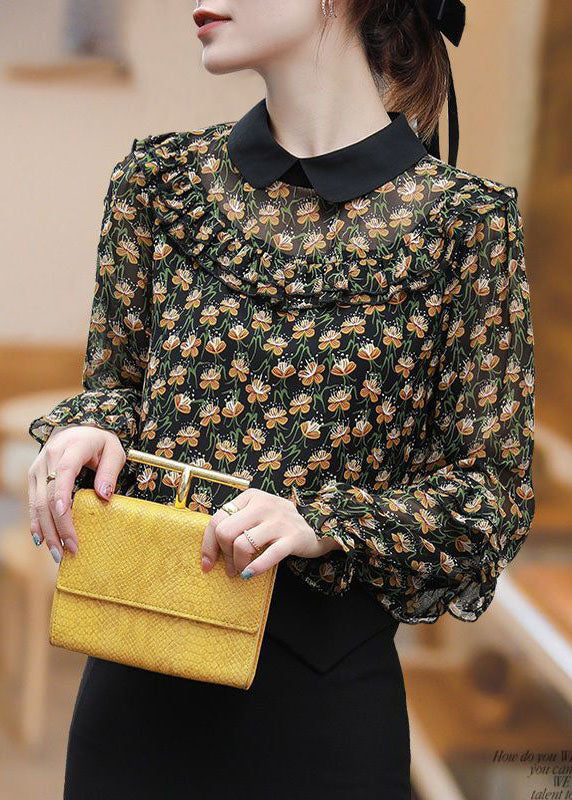 Black Peter Pan Collar Ruffles Patchwork Print Chiffon Blouses Spring