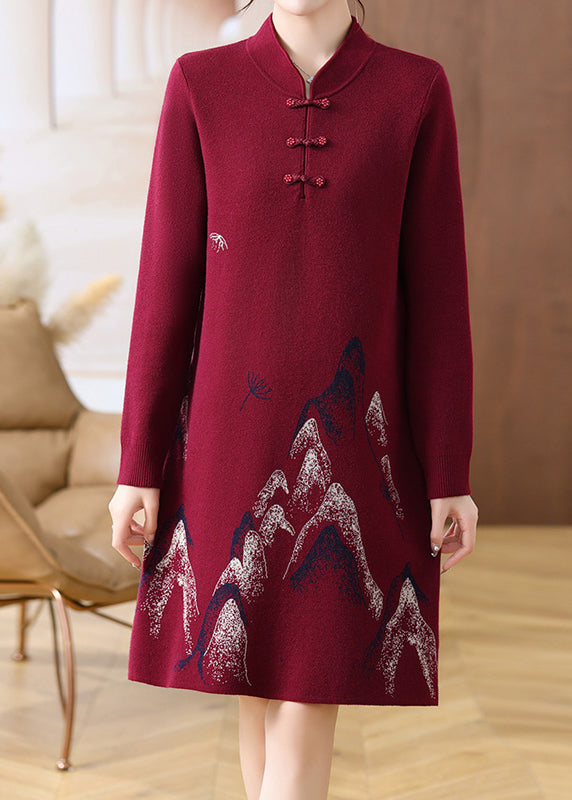 Mulberry Stand Collar Button Cotton Knit Maxi Sweater Dress Fall