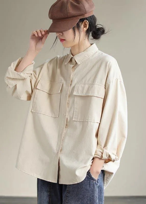 French Beige Tops Lapel Pockets Daily Spring Shirt