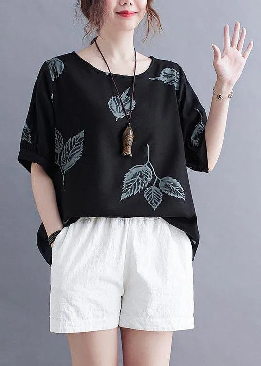 Handmade Black O-neck Loose Summer Cotton Linen Top
