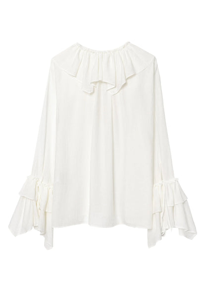 White V Neck Ruffled Patchwork Chiffon Top Fall