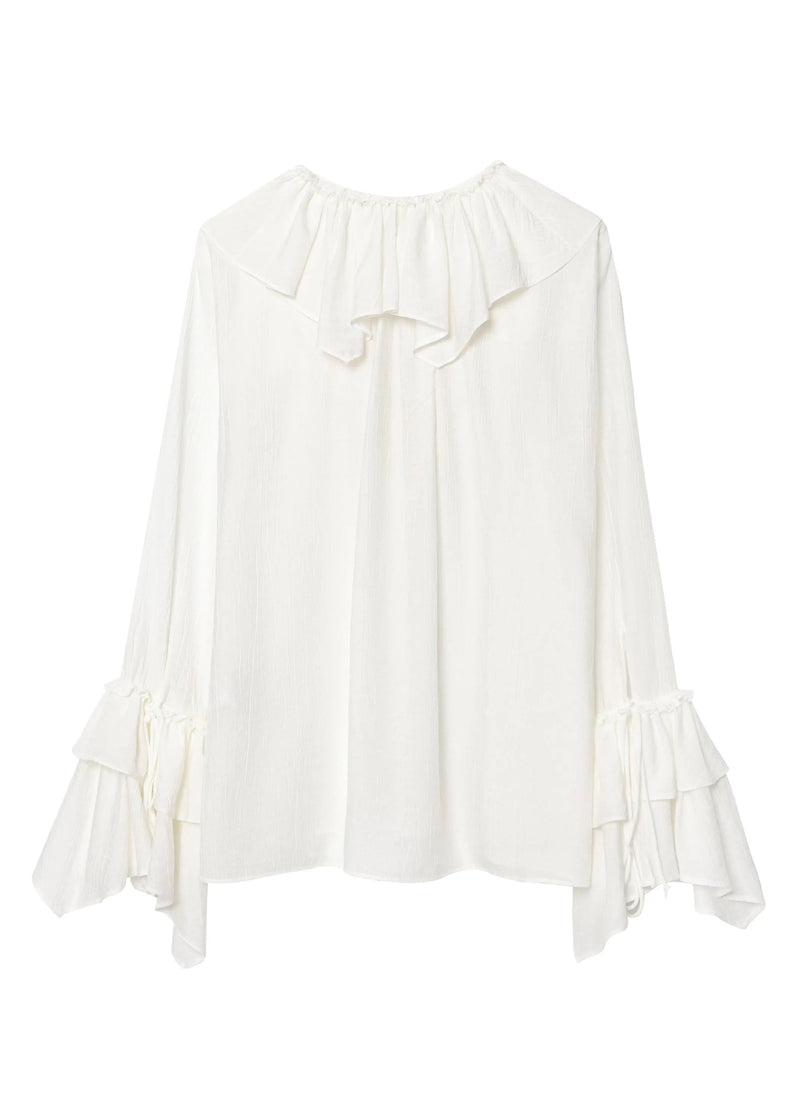 White V Neck Ruffled Patchwork Chiffon Top Fall