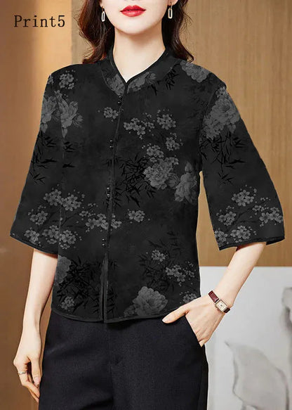 White Geometry Mandarin Collar Print Silk Shirt Tops Half Sleeve