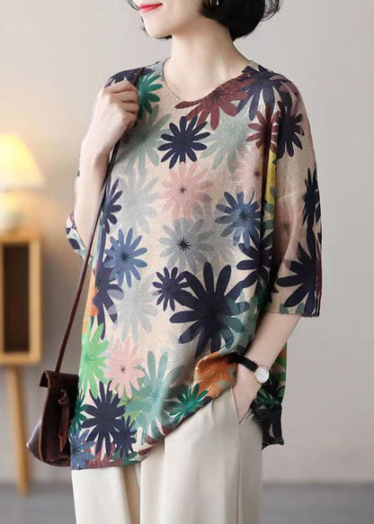 O Neck Print Patchwork Cozy Cotton Knit Top Half Sleeve