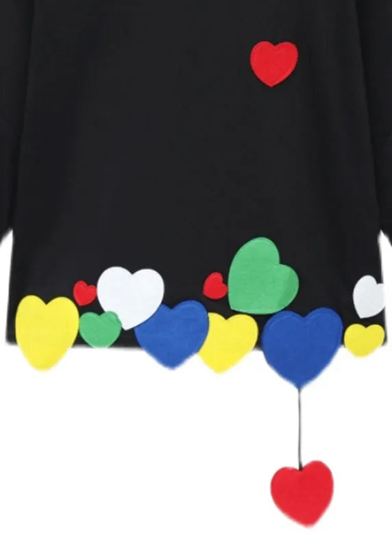 Black O-neck Loving Heart Cotton T Shirt Short Sleeve