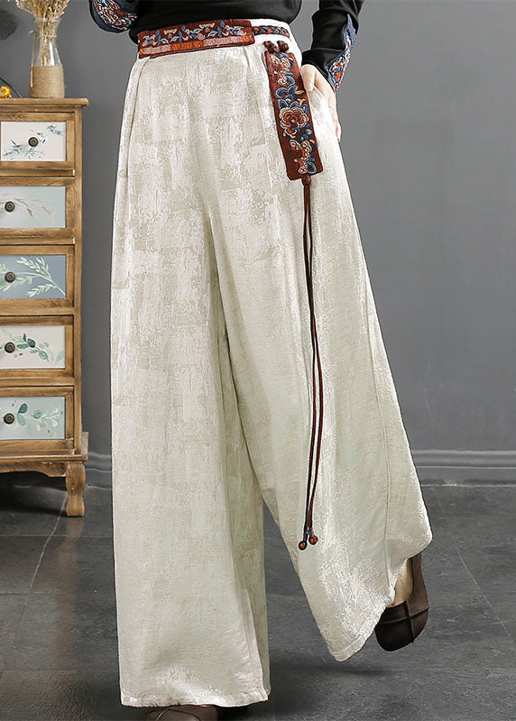 Novelty Grey Embroideried Patchwork Pockets Tassel High Waist Silk Wide Leg Pants Fall