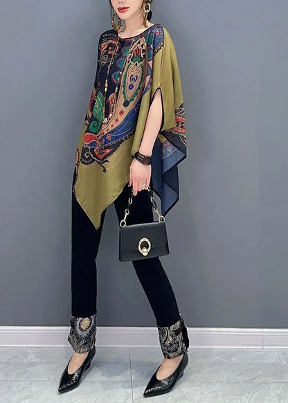 Colorblock Asymmetrical Print Chiffon Top Batwing Sleeve