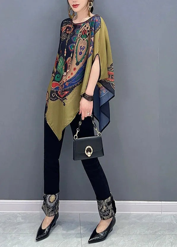 Colorblock Asymmetrical Print Chiffon Top Batwing Sleeve