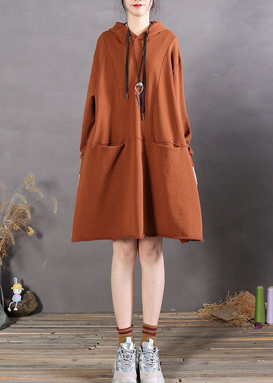 Art Caramel Asymmetrical Pockets Cotton Sweatshirts Dress Spring