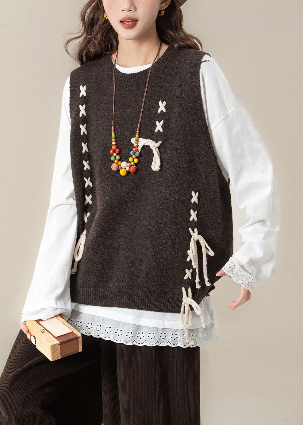 Loose Coffee Lace Up Knit Vest and White Cotton T Shirt Two Piece Set Spring