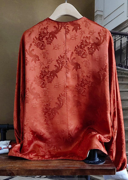 Orange Chinese Button Jacquard Patchwork Silk Blouses Spring