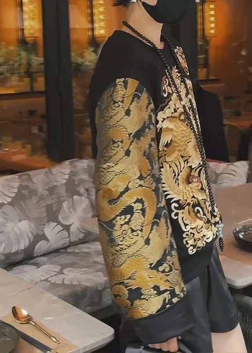 Black Oriental Embroideried Cotton Sweatshirts Top Fall