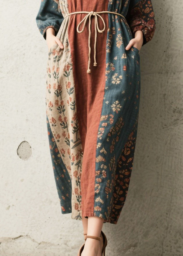 Tie Waist Print Cotton Vacation Dress Fall