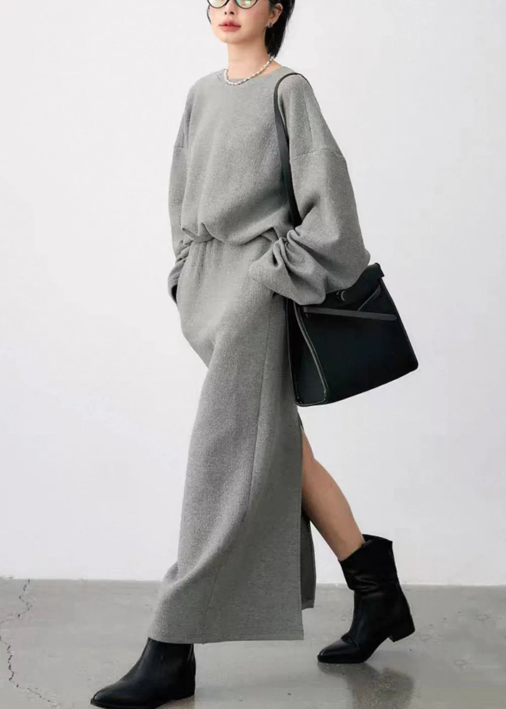 Grey O Neck Side Open Sweatshirt and Skirts Cotton Two Pieces Set Fall