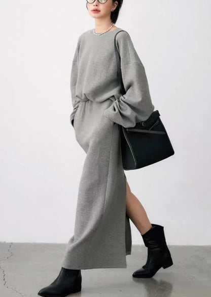 Grey O Neck Side Open Sweatshirt and Skirts Cotton Two Pieces Set Fall