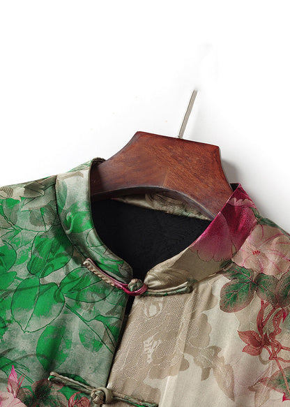 Green Stand Collar Chinese Button Print Cotton Filled Coats Spring