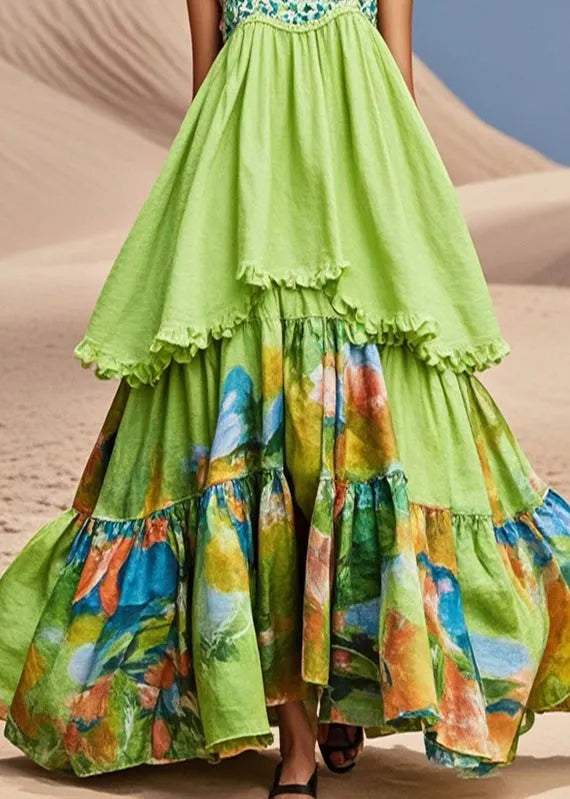 Grass Green Print Exra Large Hem Cotton Spaghetti Strap Dress Summer
