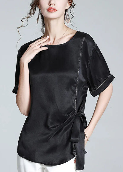Black O-neck Drawstring Tie Waist Silk T Shirt Summer