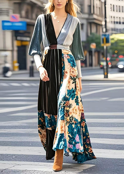 Diy Print Patchwork Exra Large Hem Silk Velour Holiday Dress Spring