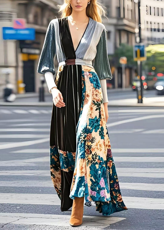Diy Print Patchwork Exra Large Hem Silk Velour Holiday Dress Spring