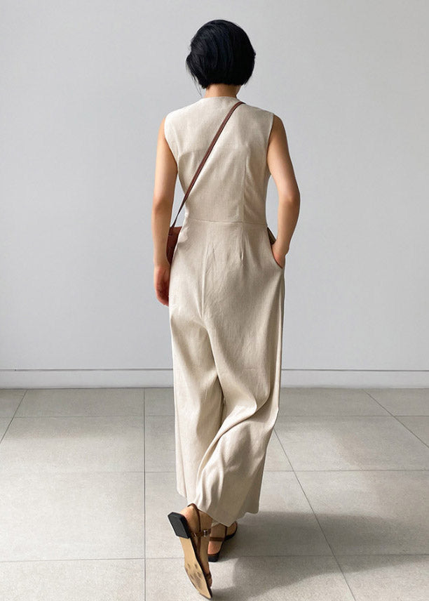 Apricot Polka Dots V Neck Button Pockets Jumpsuit Pants Summer