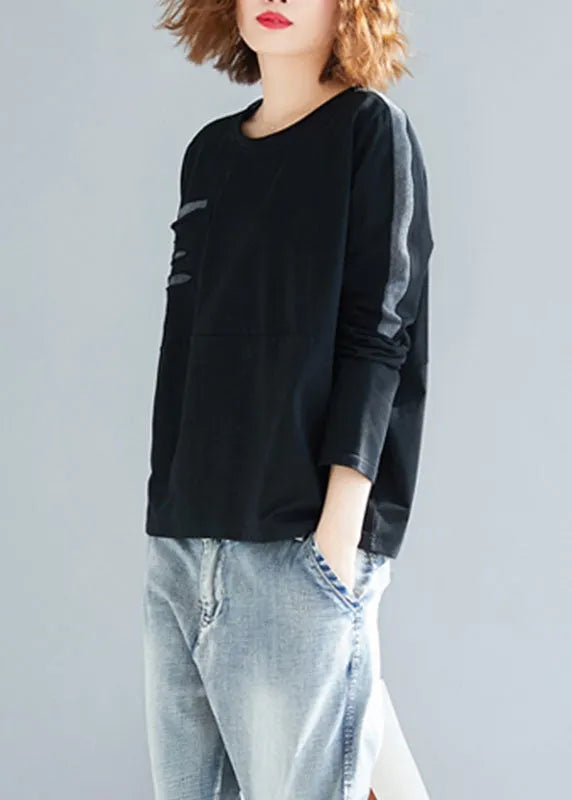 Stylish Black O-neck Patchwork Ripped Cotton Sweatshirts Tops Spring