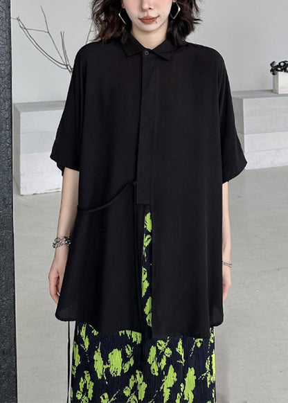 Black Asymmetrical Lace Up Patchwork Cotton Shirt Batwing Sleeve