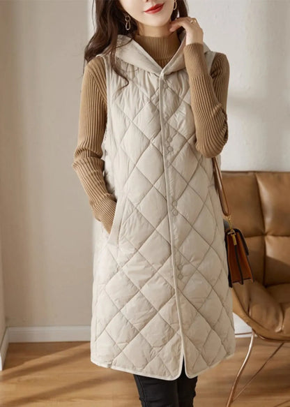 French Apricot Hooded Pockets Fine Cotton Filled Vest in Winter