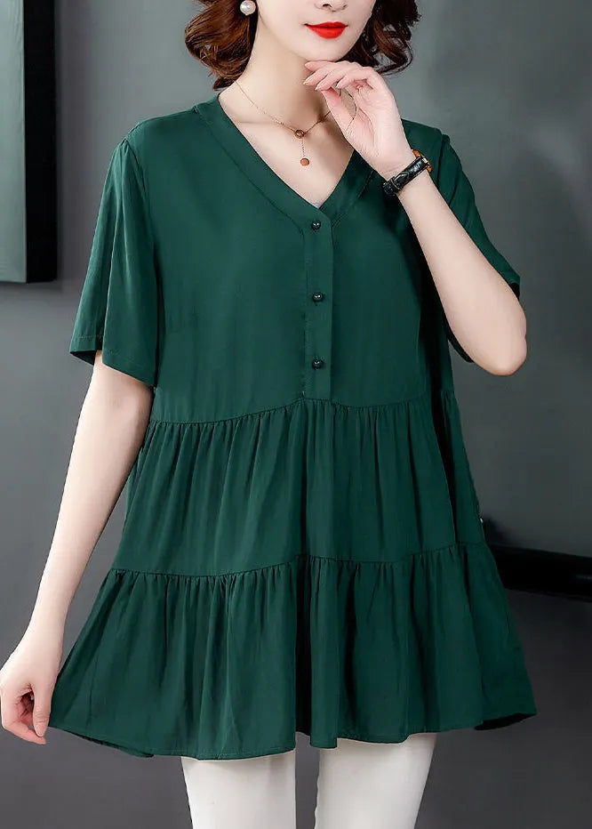 Unique Green V Neck Wrinkled Ruffles Button Shirt Top Short Sleeve