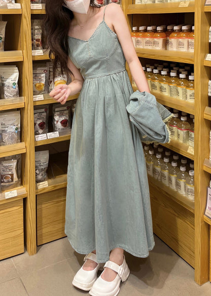 Denim Blue O-neck Patchwork Coats and Long Dress Two Piece Set Short Sleeve