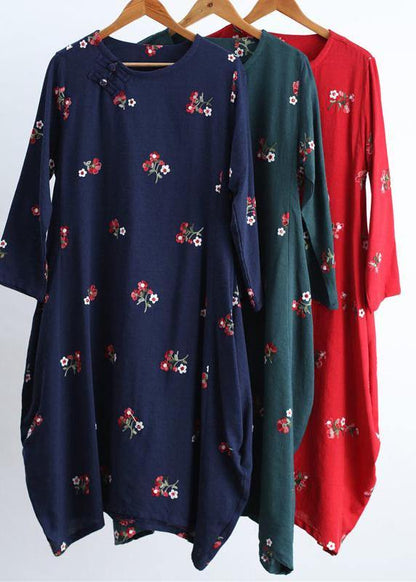 Red Embroidery Long Dress O Neck Asymmetric Art Spring Dresses
