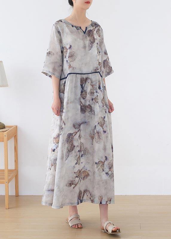 Natural White Print Cinched Summer Linen Dress