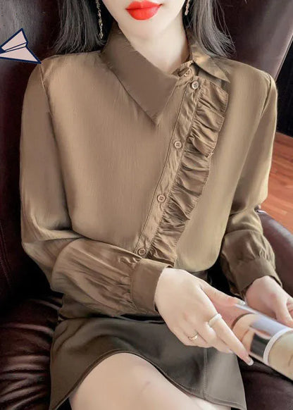 French Khaki Peter Pan Collar Ruffled Button Chiffon Shirt Spring